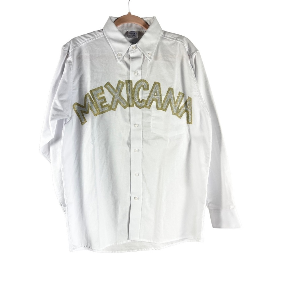 Button Down Shirt White Long Sleeve Mexicana Hand Painted Metallic New Sz M